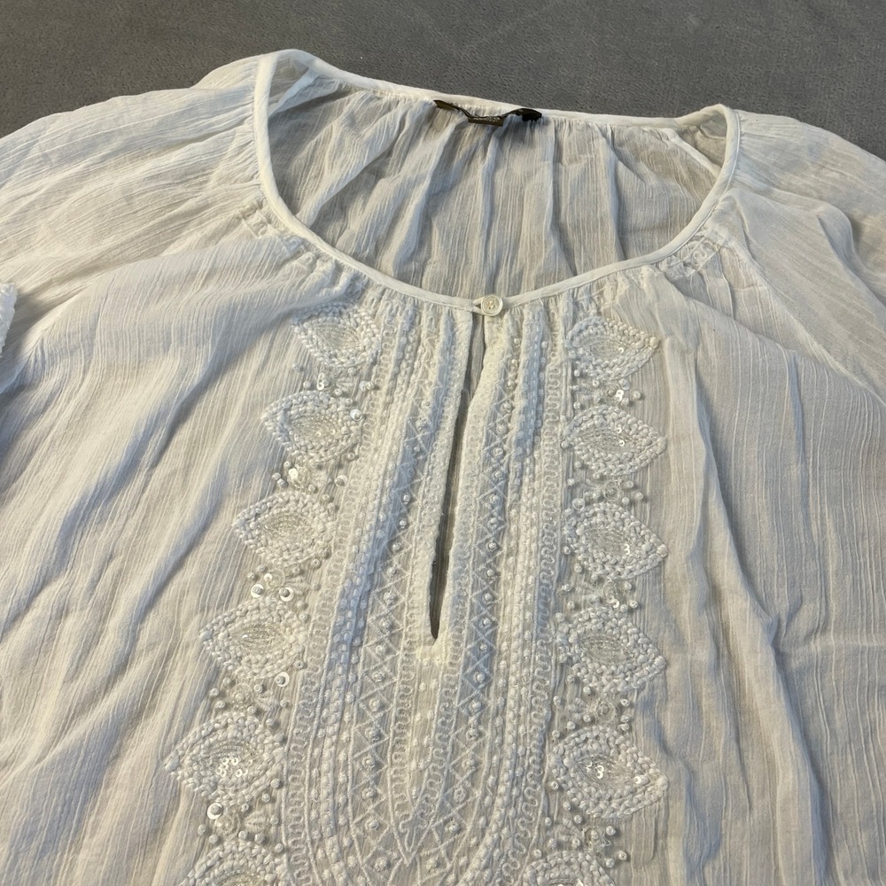 Tommy Bahama White Cotton Gauze Embroidered Beaded Peasant Top XL Boho Airy
